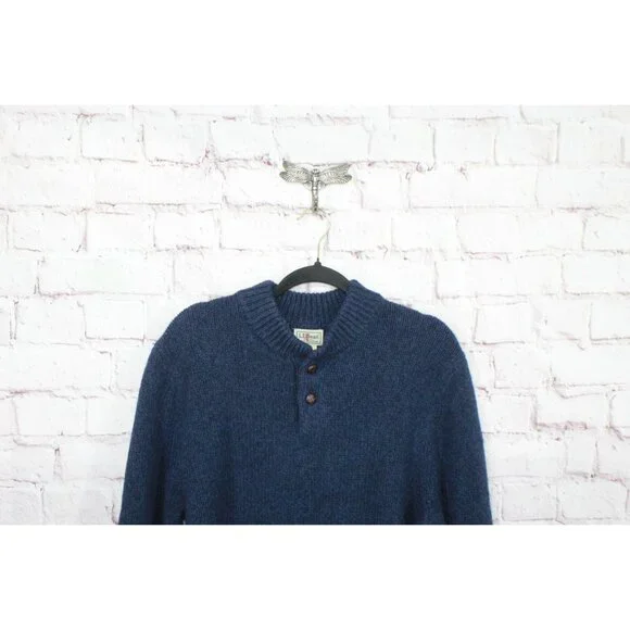 LL Bean Classic Ragg Wool Sweater Henley Nautical Navy Size Medium - Picture 2 of 10